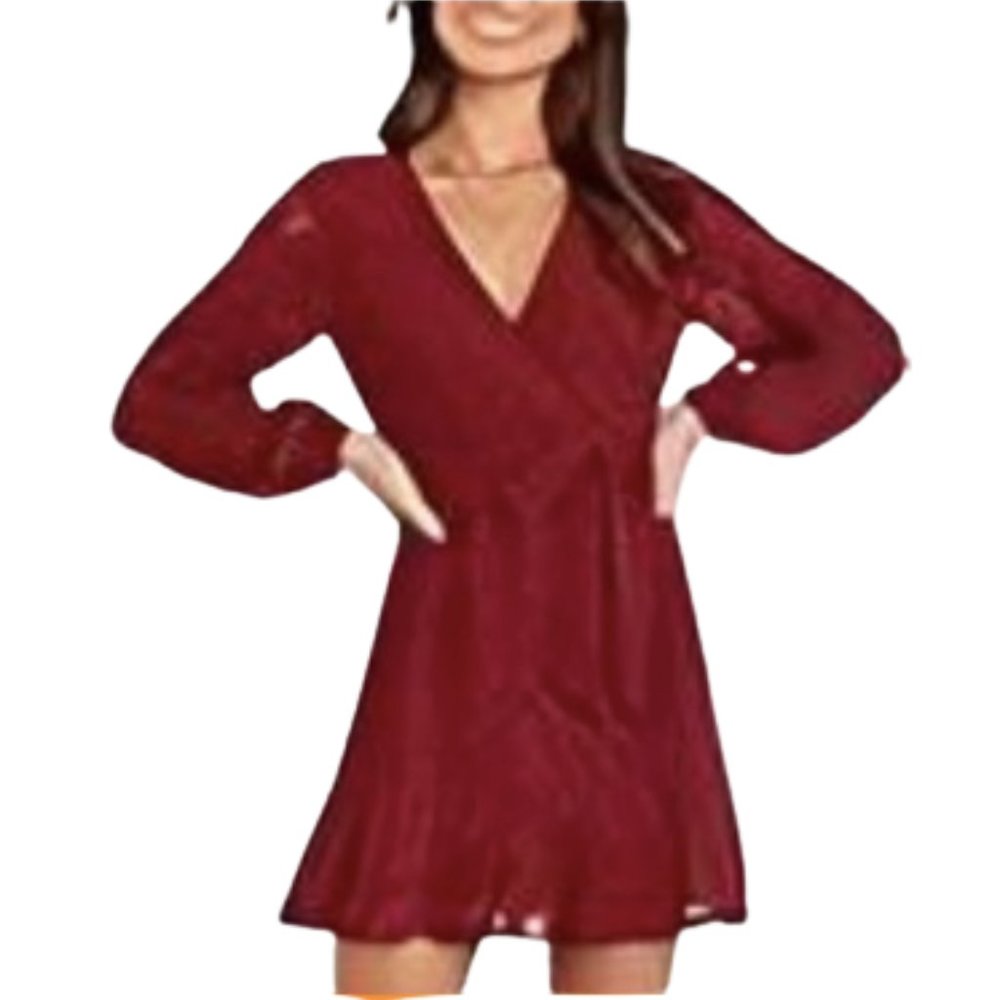 🌿Caracilia Lace Wrap V Neck Long Sleeve Tie Waist Ruffle Hem with Belt [XL]🌿